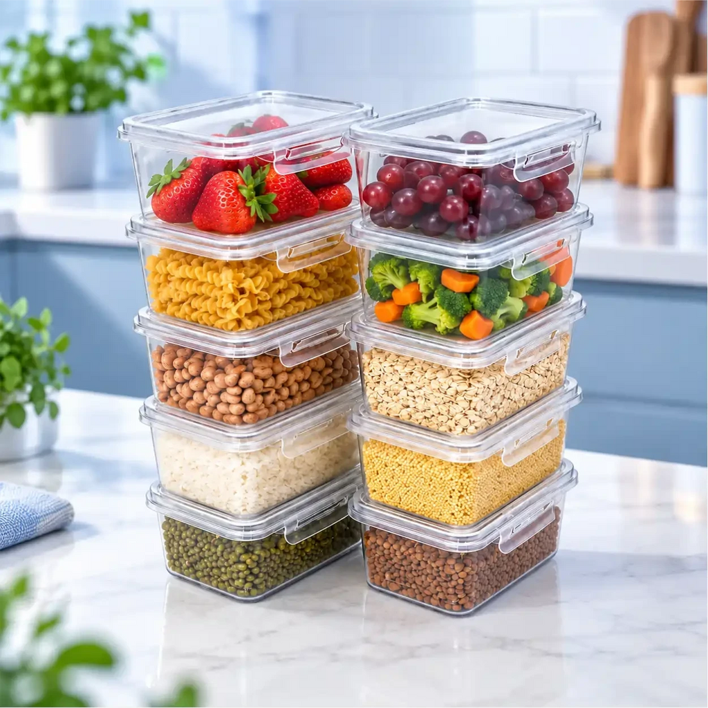 Kit Decoricasa com 10 marmitas transparentes empilháveis de 1 litro com travas laterais herméticas para alimentos