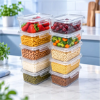 Kit Decoricasa com 10 marmitas transparentes empilháveis de 1 litro com travas laterais herméticas para alimentos