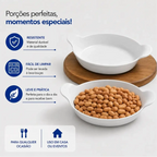Kit de petisqueiras brancas Decoricasa em formato de canoa com amendoins, destacando durabilidade e praticidade.