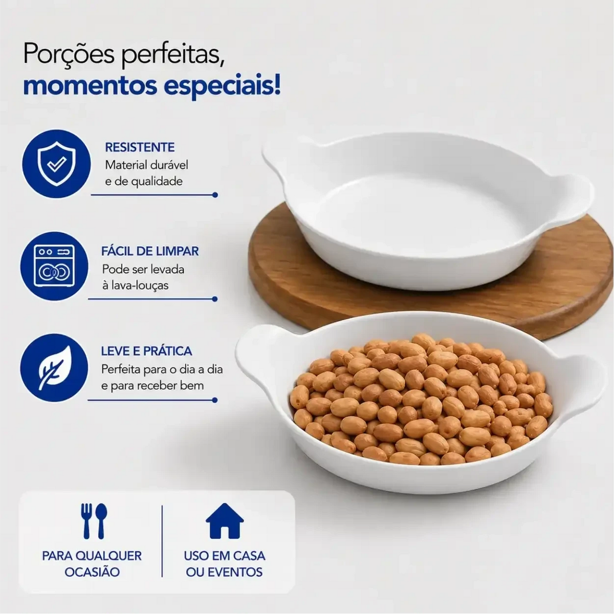 Kit de petisqueiras brancas Decoricasa em formato de canoa com amendoins, destacando durabilidade e praticidade.