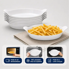 Kit de petisqueiras brancas Decoricasa em formato canoa, empilhadas e com batatas fritas, aptas para micro-ondas e lava-louças.