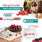 Kit petisqueira Decoricasa com molheira de cerâmica branca e garfinhos de inox para servir petiscos e frutas