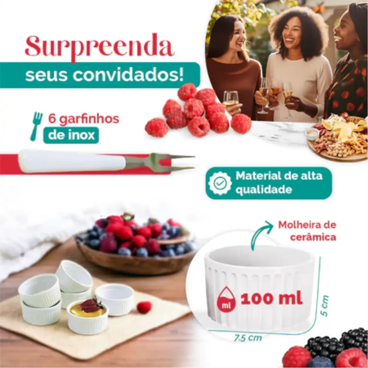 Kit petisqueira Decoricasa com molheira de cerâmica branca e garfinhos de inox para servir petiscos e frutas