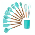 Kit de 12 utensílios de cozinha Decoricasa em silicone azul-turquesa com cabos de madeira e copo organizador