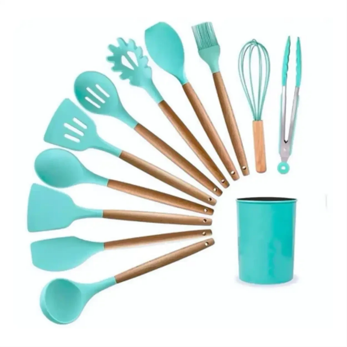 Kit de 12 utensílios de cozinha Decoricasa em silicone azul-turquesa com cabos de madeira e copo organizador