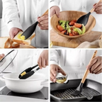 Kit de utensílios de cozinha Decoricasa com 12 peças de silicone preto e cabos de madeira em uso