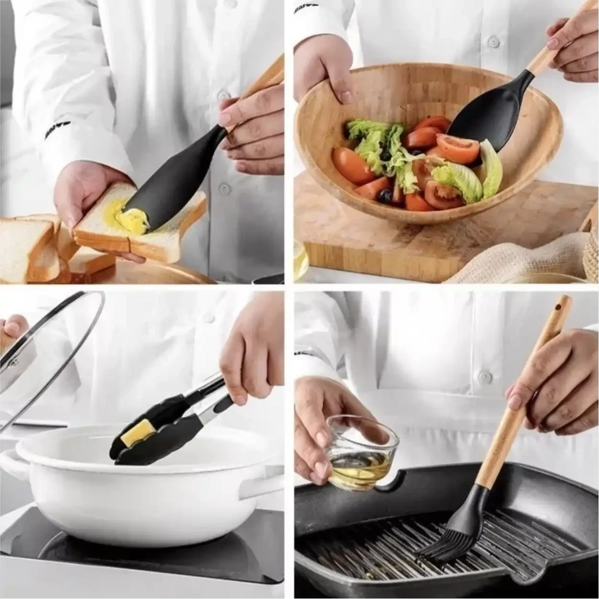 Kit de utensílios de cozinha Decoricasa com 12 peças de silicone preto e cabos de madeira em uso
