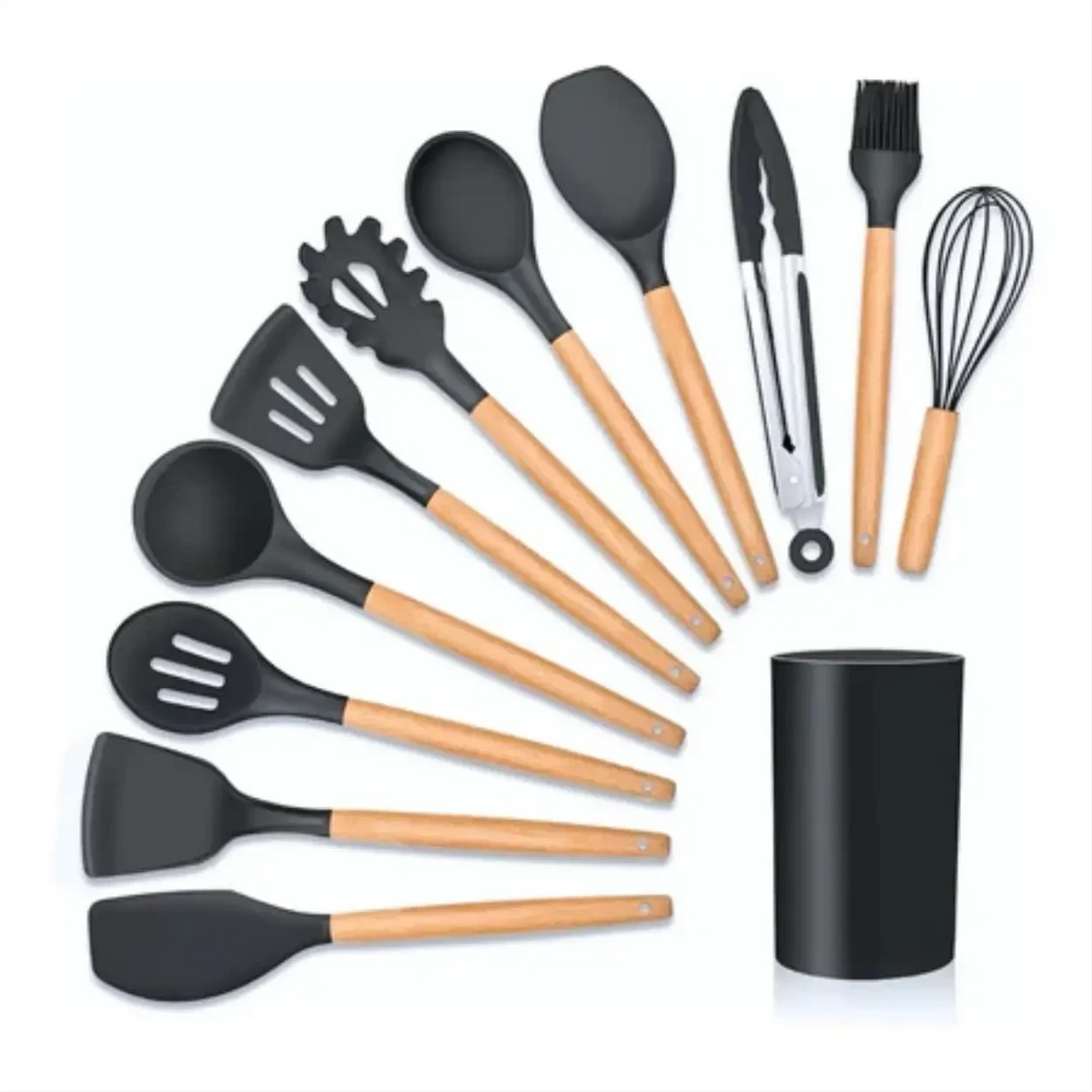 Kit Decoricasa com 12 utensílios de cozinha em silicone preto e cabos de madeira, incluindo copo organizador.