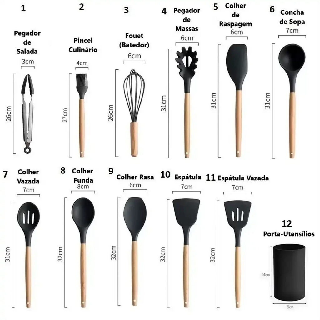 Kit 12 peças de utensílios Decoricasa em silicone preto com cabo de madeira e copo organizador cilíndrico