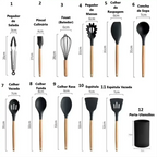 Kit 12 peças de utensílios Decoricasa em silicone preto com cabo de madeira e copo organizador cilíndrico