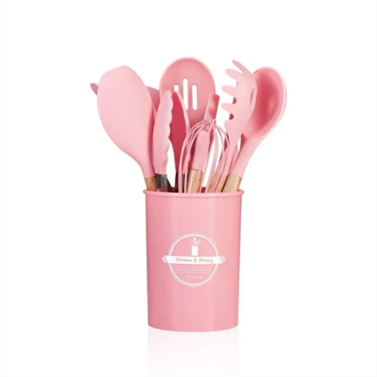Kit de 12 utensílios de cozinha Decoricasa em silicone rosa com cabos de madeira e copo organizador cilíndrico