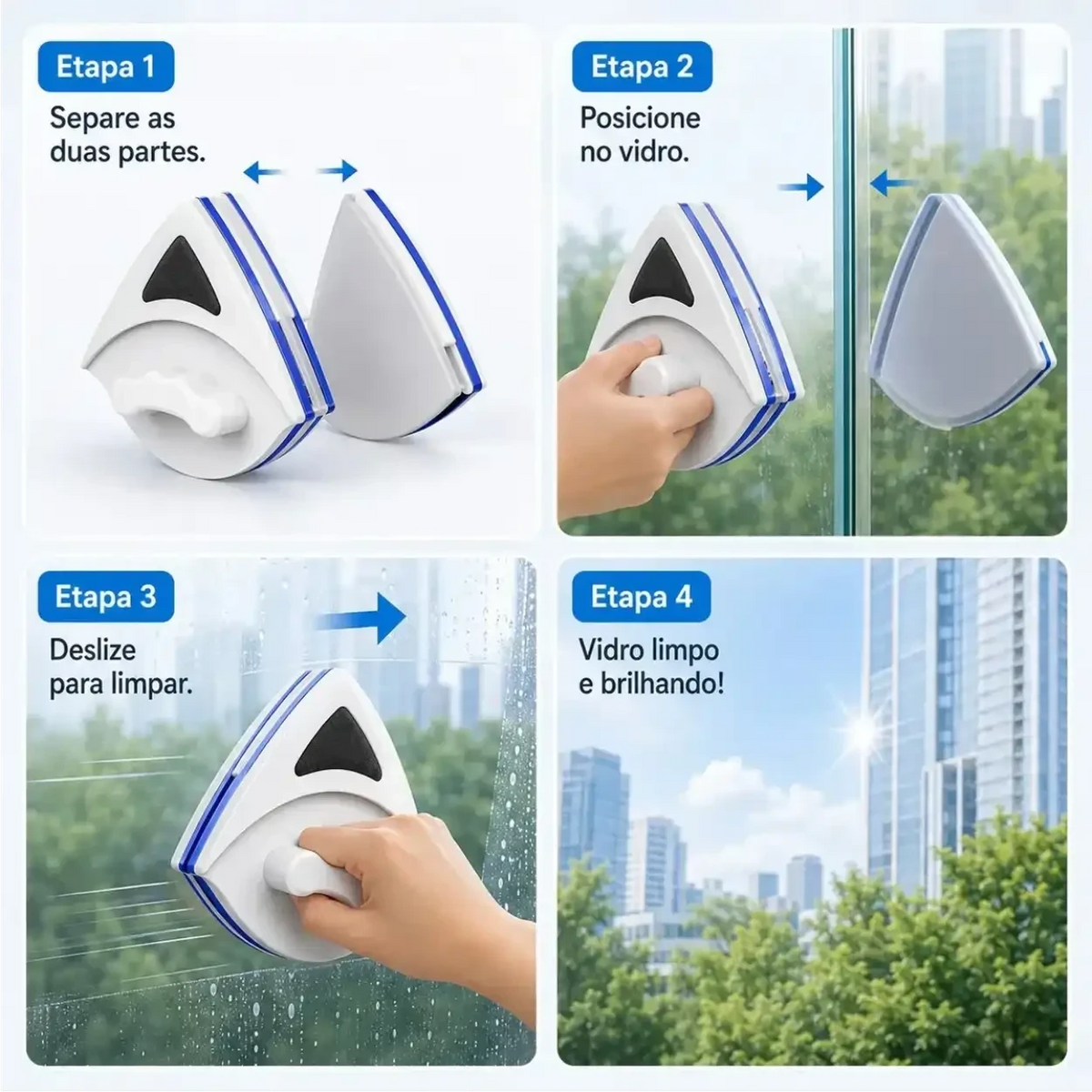 Limpador de vidro magnético Decoricasa em quatro etapas mostrando o uso prático em janelas para limpeza dupla face