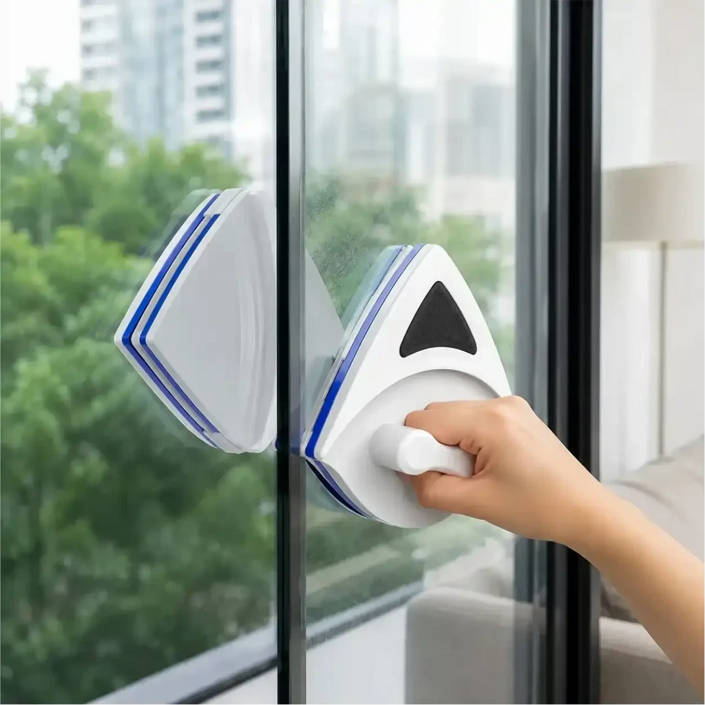 Limpador de vidro magnético Decoricasa branco e azul em formato triangular limpando janela de apartamento