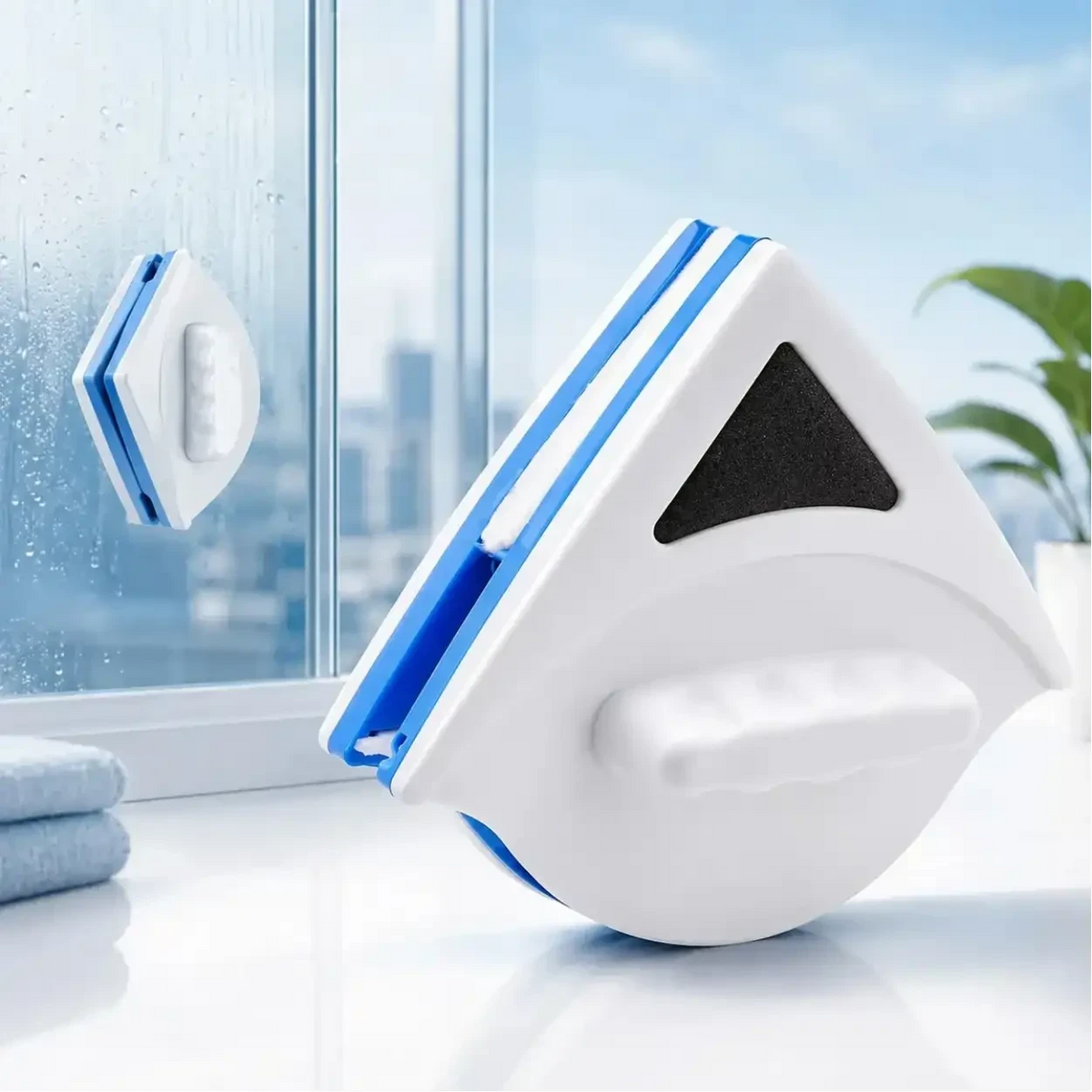 Limpador de vidro magnético dupla face Decoricasa branco e azul para janelas e box de banheiro
