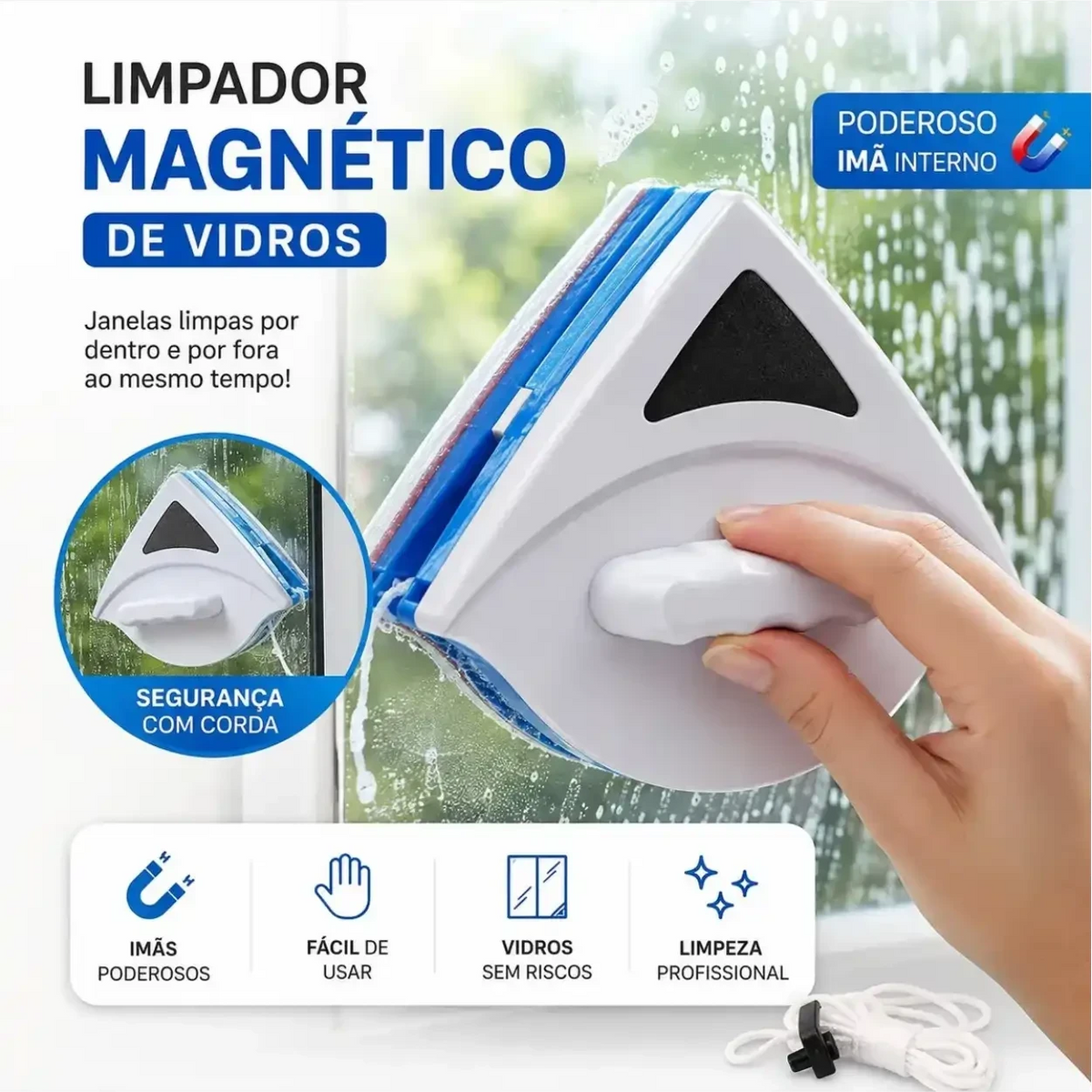 Limpador de vidro magnético Decoricasa branco e azul com corda de segurança limpando janela de ambos os lados
