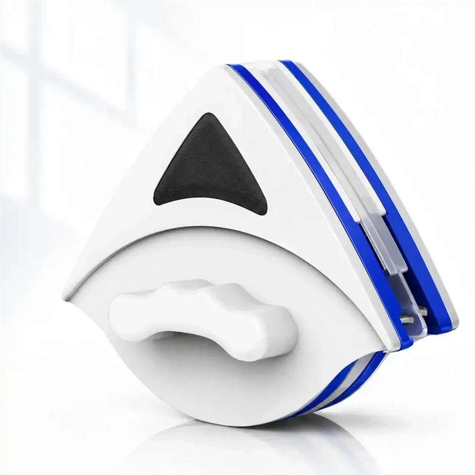 Limpador de vidro magnético dupla face Decoricasa branco e azul com design triangular para janelas e box