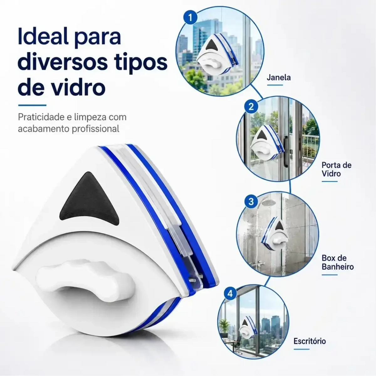 Limpador de vidro magnético dupla face Decoricasa branco e azul para janelas, box de banheiro e portas de vidro.