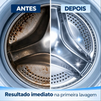 Comparação Decoricasa do tambor de máquina de lavar antes e depois do uso da pastilha Puralav, mostrando limpeza