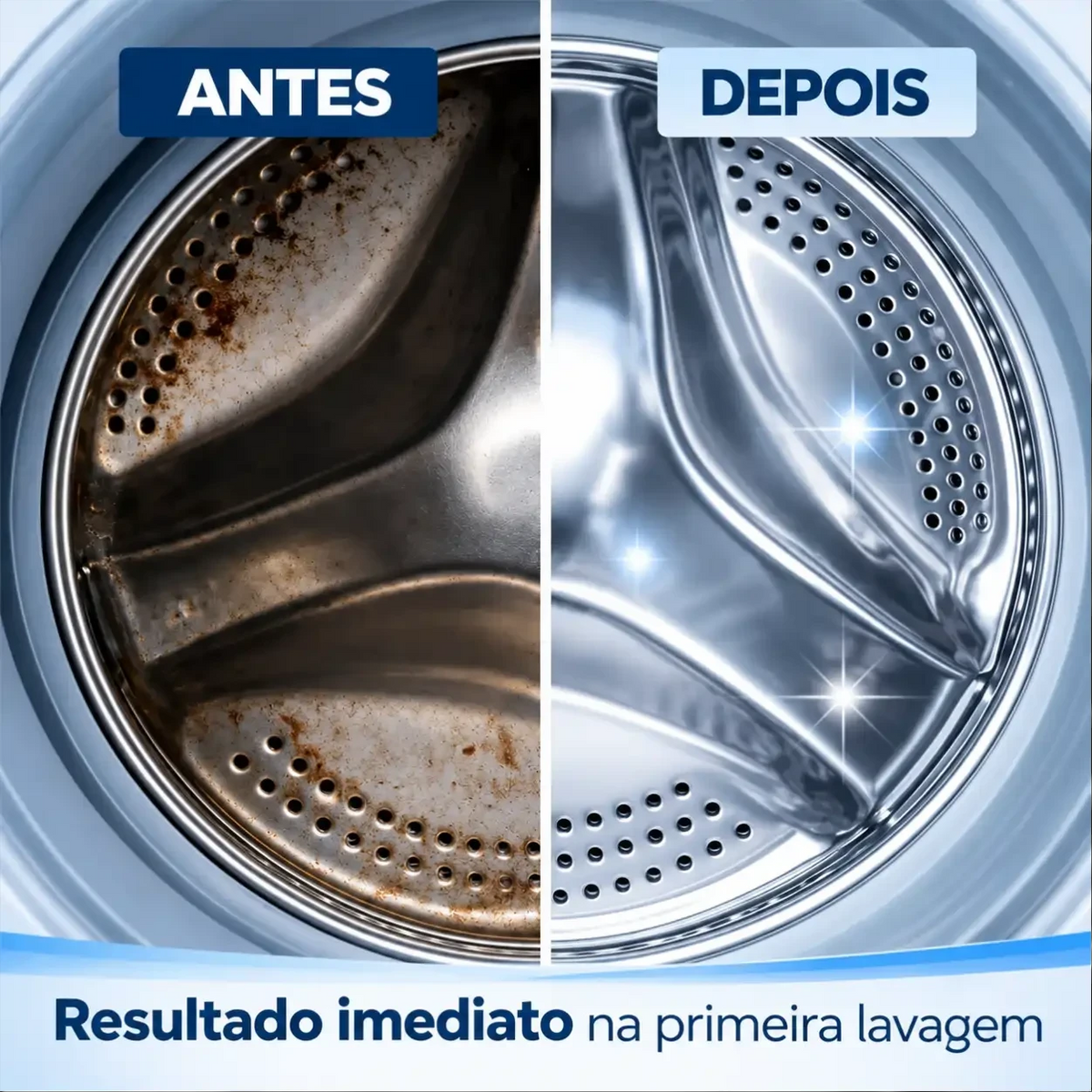 Comparação Decoricasa do tambor de máquina de lavar antes e depois do uso da pastilha Puralav, mostrando limpeza