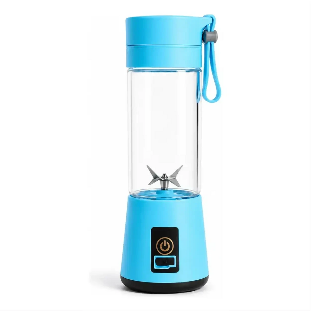 Liquidificador portátil azul Decoricasa com 6 lâminas de aço inox, copo de 380ml e carregamento USB.