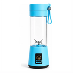 Liquidificador portátil azul Decoricasa com 6 lâminas de aço inox, copo de 380ml e carregamento USB.