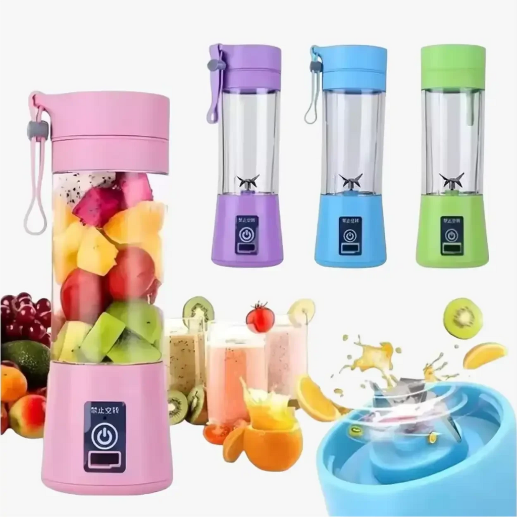Liquidificador portátil BlendGo Pro Decoricasa com 6 lâminas, disponível em rosa, roxo, azul e verde com frutas.
