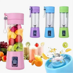 Liquidificador portátil BlendGo Pro Decoricasa com 6 lâminas, disponível em rosa, roxo, azul e verde com frutas.