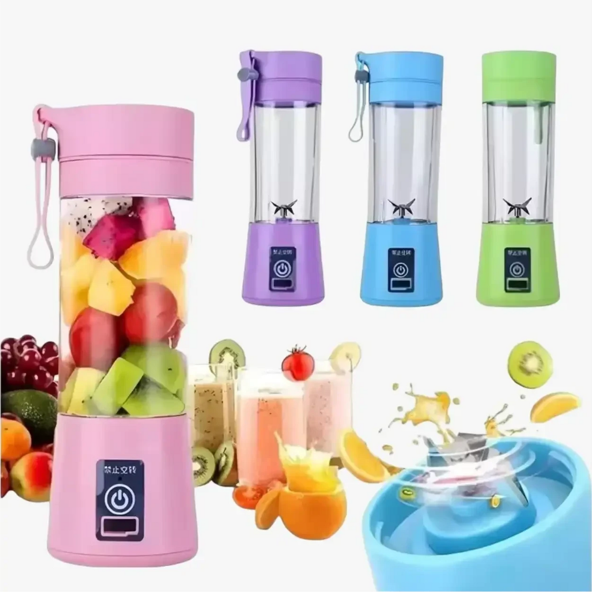 Liquidificador portátil BlendGo Pro Decoricasa com 6 lâminas, disponível em rosa, roxo, azul e verde com frutas.