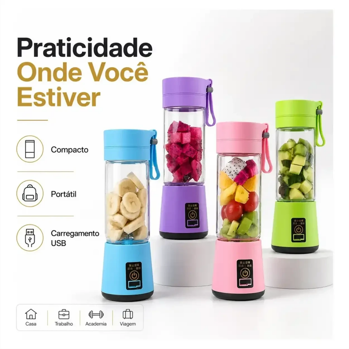 Liquidificadores portáteis BlendGo Pro da Decoricasa em quatro cores com frutas picadas dentro dos copos
