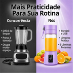 Comparativo visual do liquidificador portátil Decoricasa roxo com 6 lâminas contra um liquidificador de mesa comum.