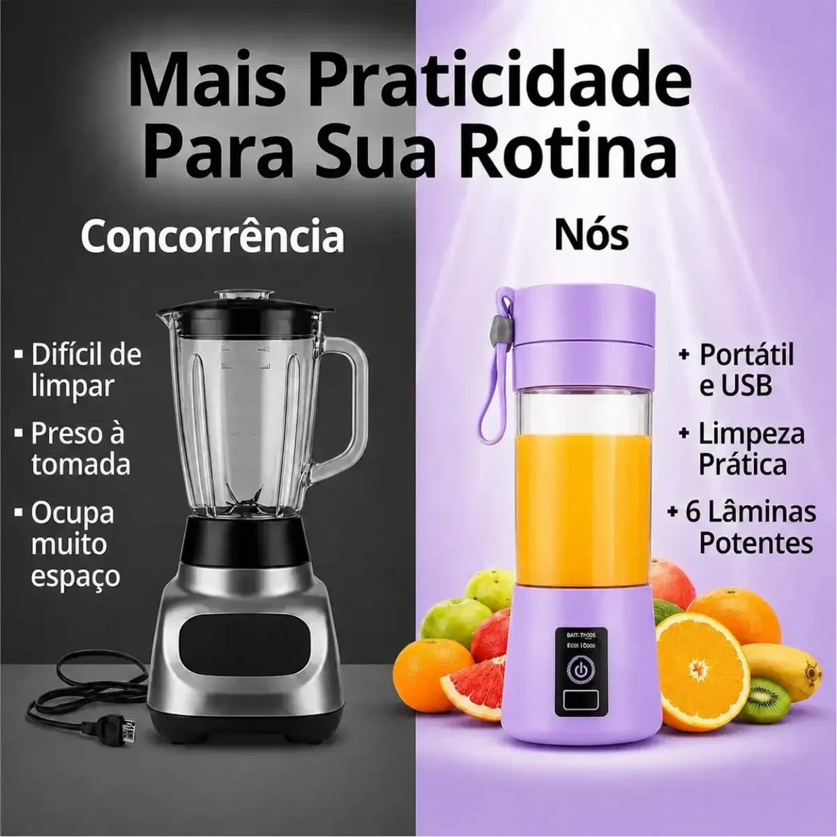 Comparativo visual do liquidificador portátil Decoricasa roxo com 6 lâminas contra um liquidificador de mesa comum.
