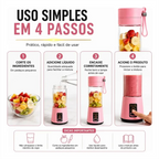 Infográfico Decoricasa mostrando 4 passos simples para usar o liquidificador portátil rosa BlendGo Pro