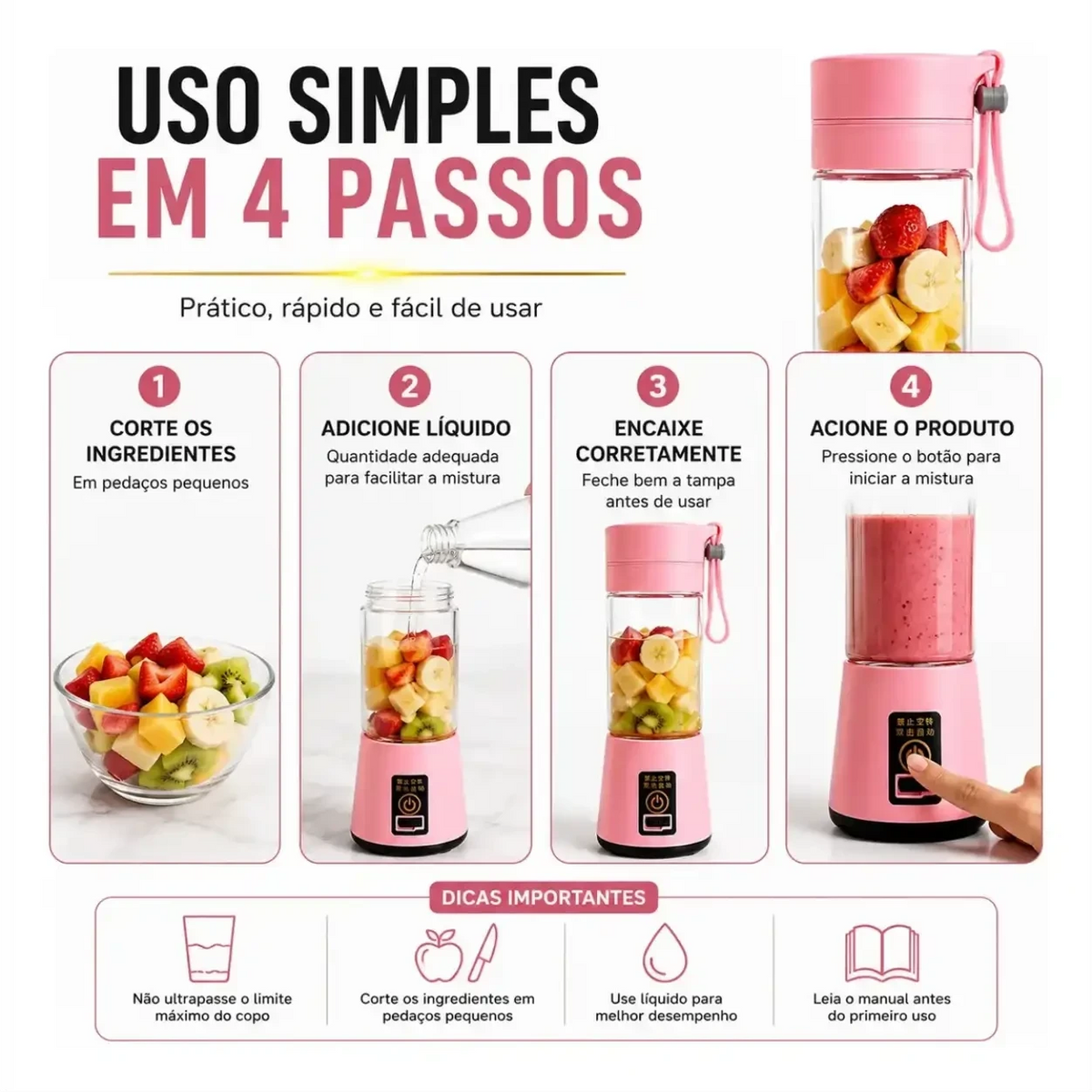 Infográfico Decoricasa mostrando 4 passos simples para usar o liquidificador portátil rosa BlendGo Pro