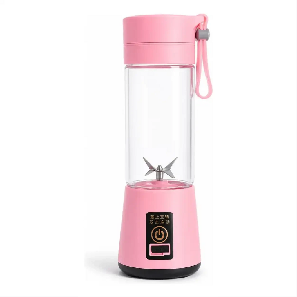 Liquidificador portátil rosa Decoricasa com 6 lâminas de aço inox, copo transparente e alça de transporte