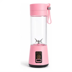Liquidificador portátil rosa Decoricasa com 6 lâminas de aço inox, copo transparente e alça de transporte