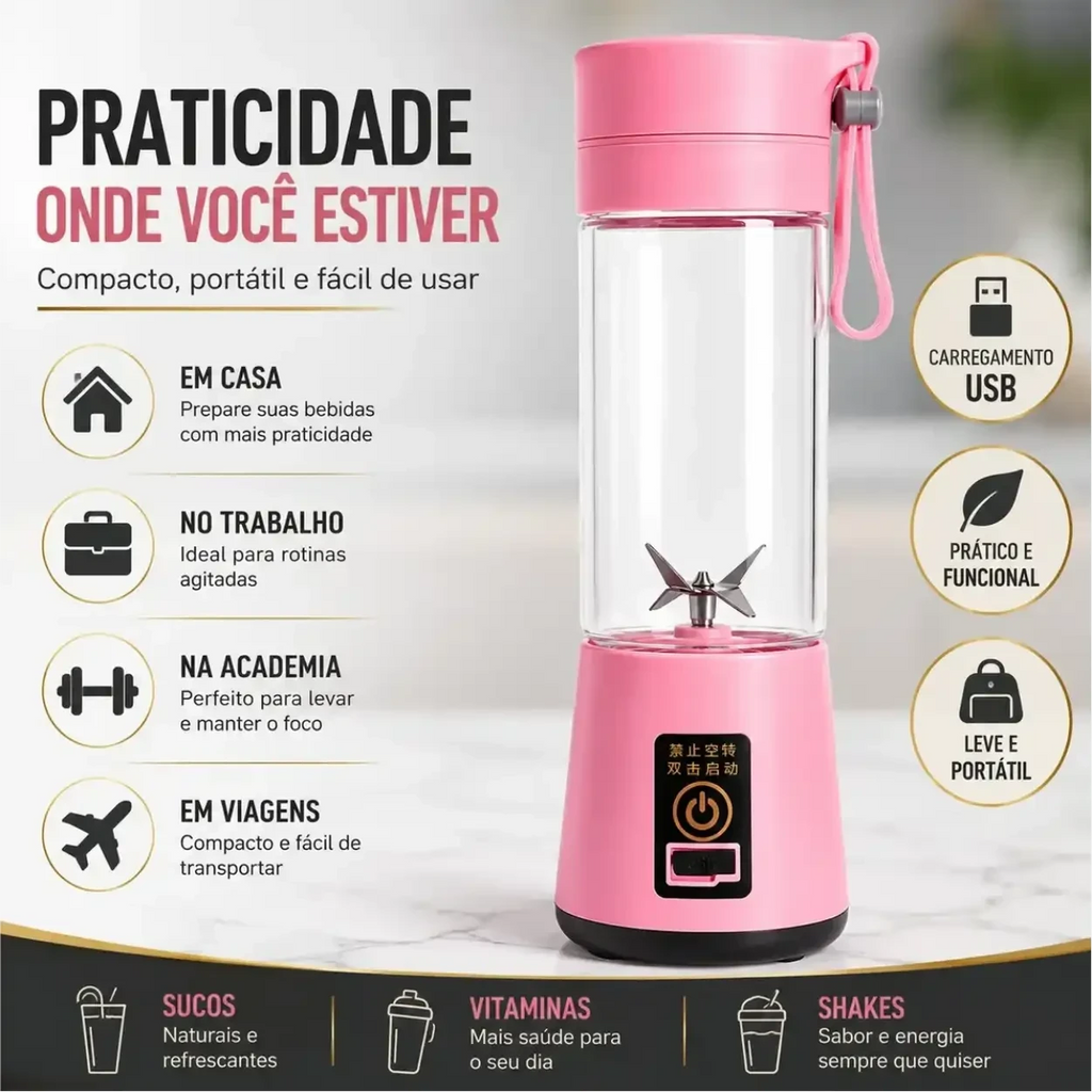 Liquidificador portátil rosa Decoricasa com 6 lâminas, carregamento USB e alça, ideal para sucos e shakes.