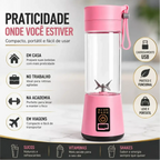 Liquidificador portátil rosa Decoricasa com 6 lâminas, carregamento USB e alça, ideal para sucos e shakes.