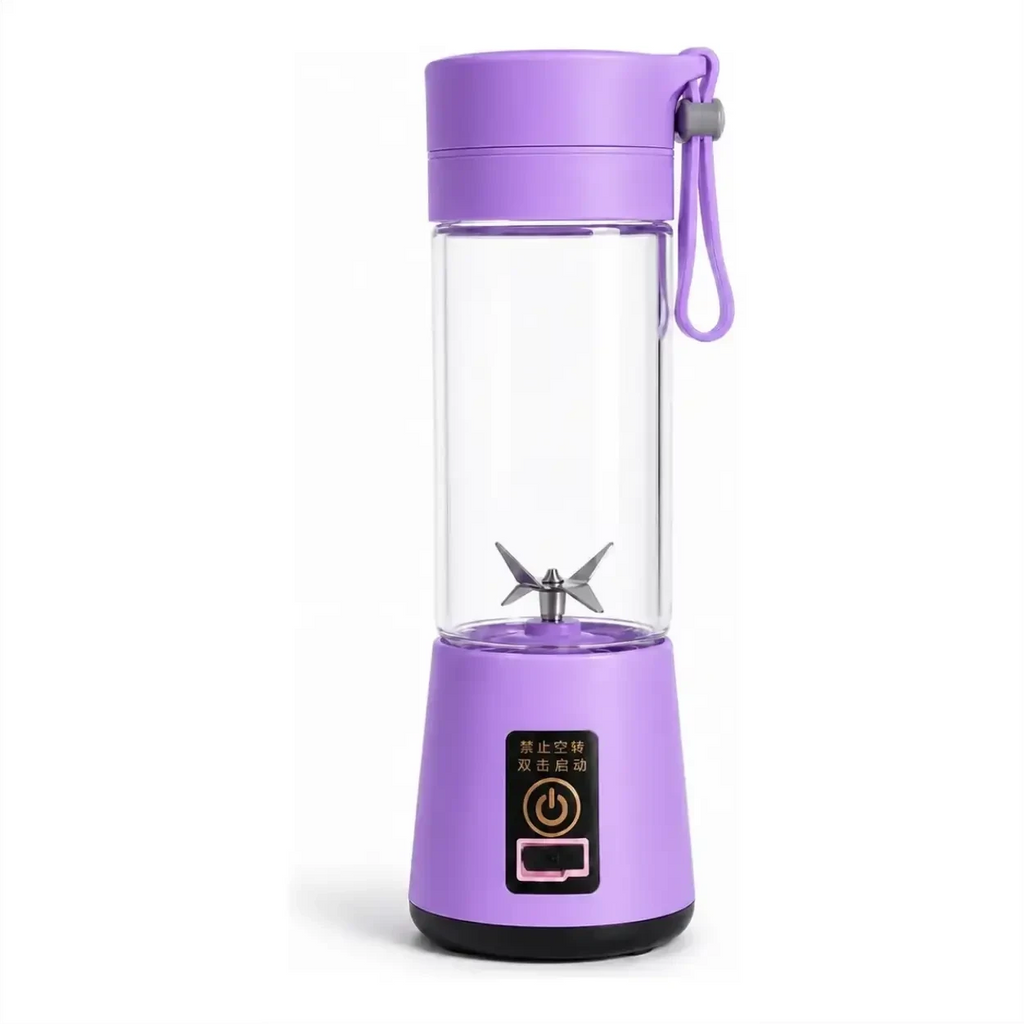 Liquidificador portátil roxo Decoricasa com 6 lâminas de aço inox e copo transparente de 380ml para shakes e sucos