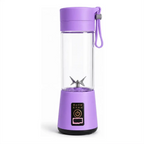 Liquidificador portátil roxo Decoricasa com 6 lâminas de aço inox e copo transparente de 380ml para shakes e sucos