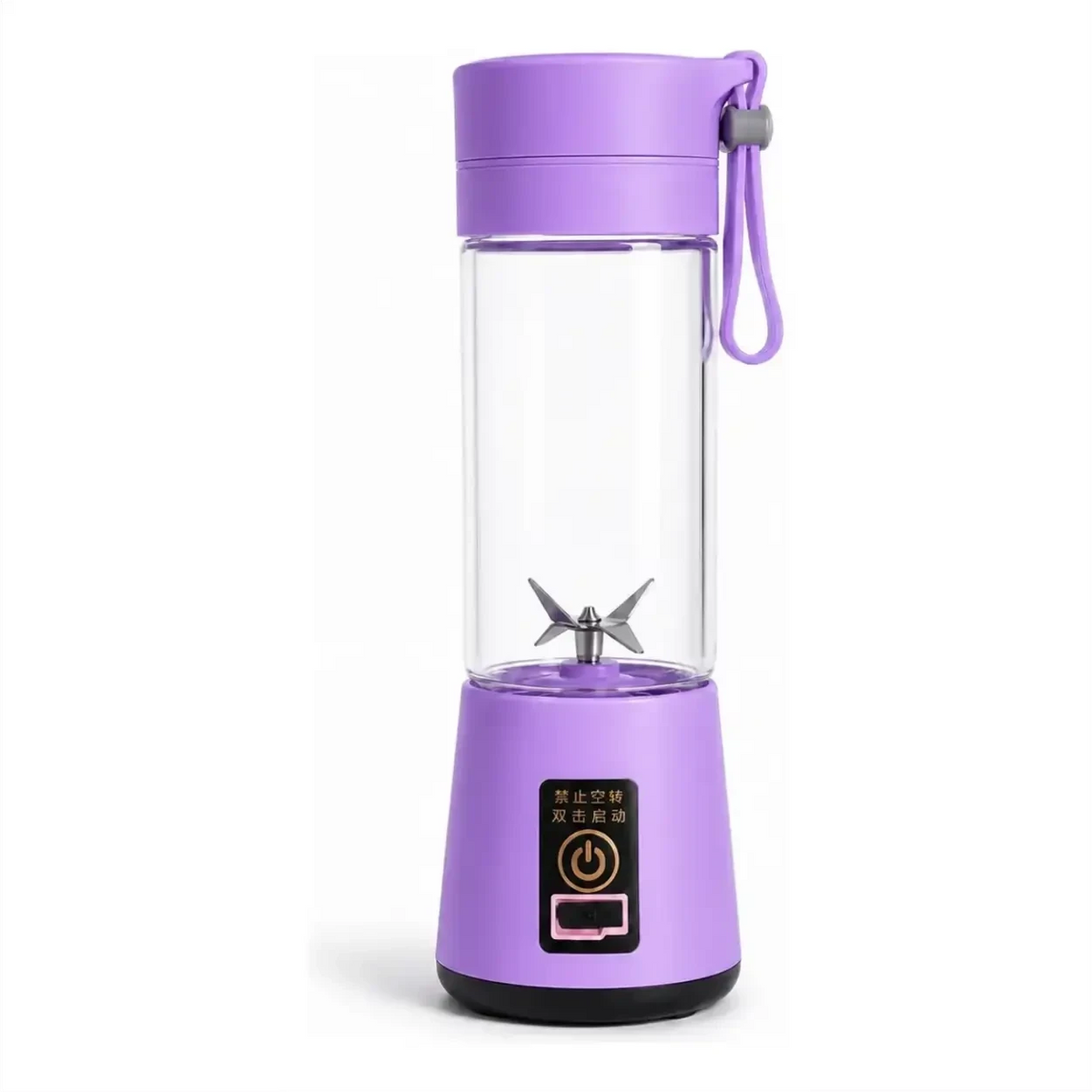 Liquidificador portátil roxo Decoricasa com 6 lâminas de aço inox e copo transparente de 380ml para shakes e sucos