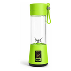 Liquidificador portátil verde Decoricasa com 6 lâminas de aço inox, copo transparente e carregamento USB