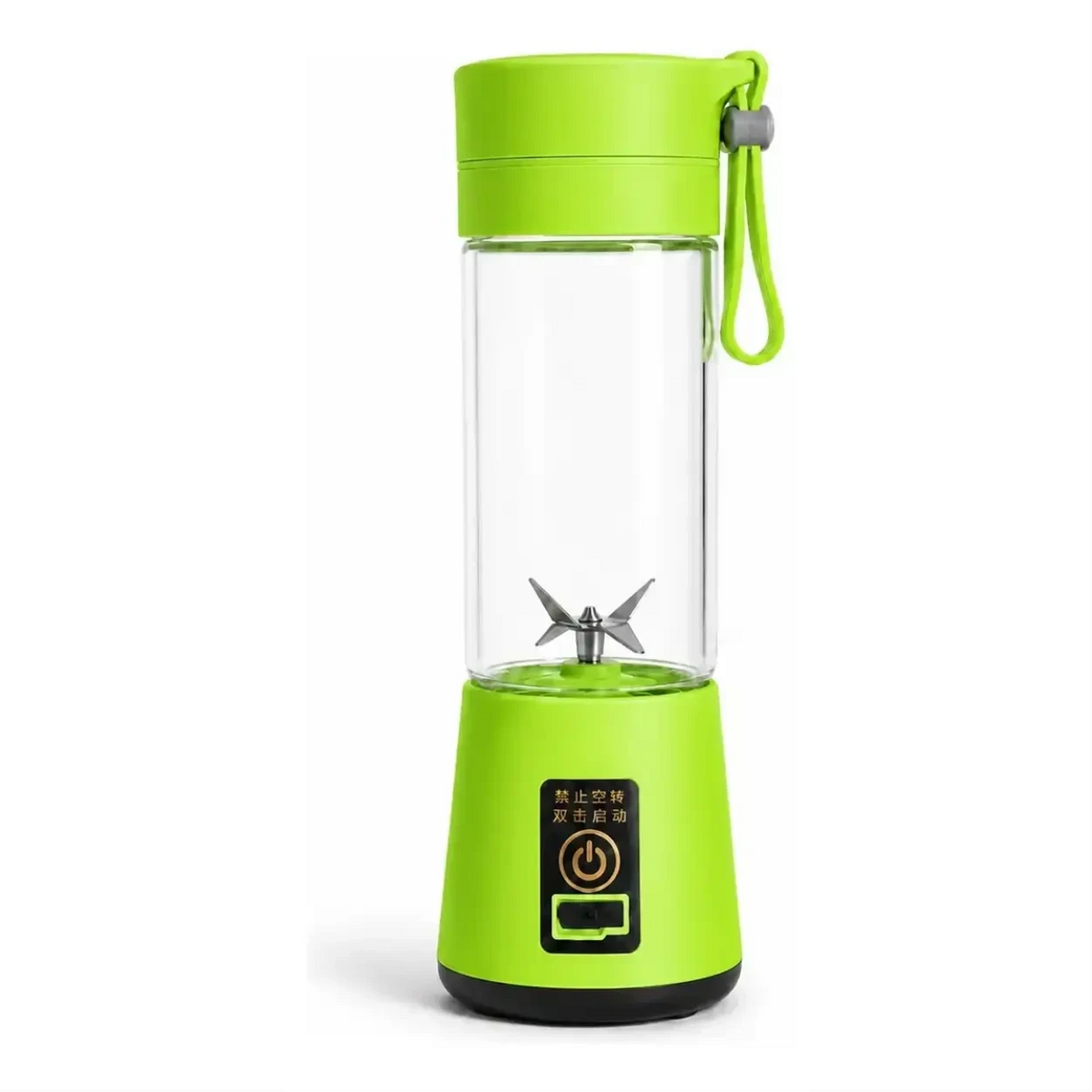 Liquidificador portátil verde Decoricasa com 6 lâminas de aço inox, copo transparente e carregamento USB