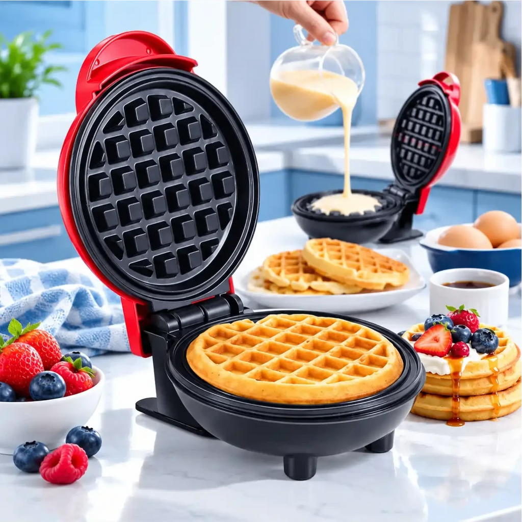 Máquina de waffle Decoricasa vermelha compacta com superfície antiaderente preparando waffles frescos na cozinha