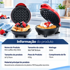 Máquina de waffle Decoricasa vermelha compacta com waffles prontos decorados com frutas em uma bancada de cozinha