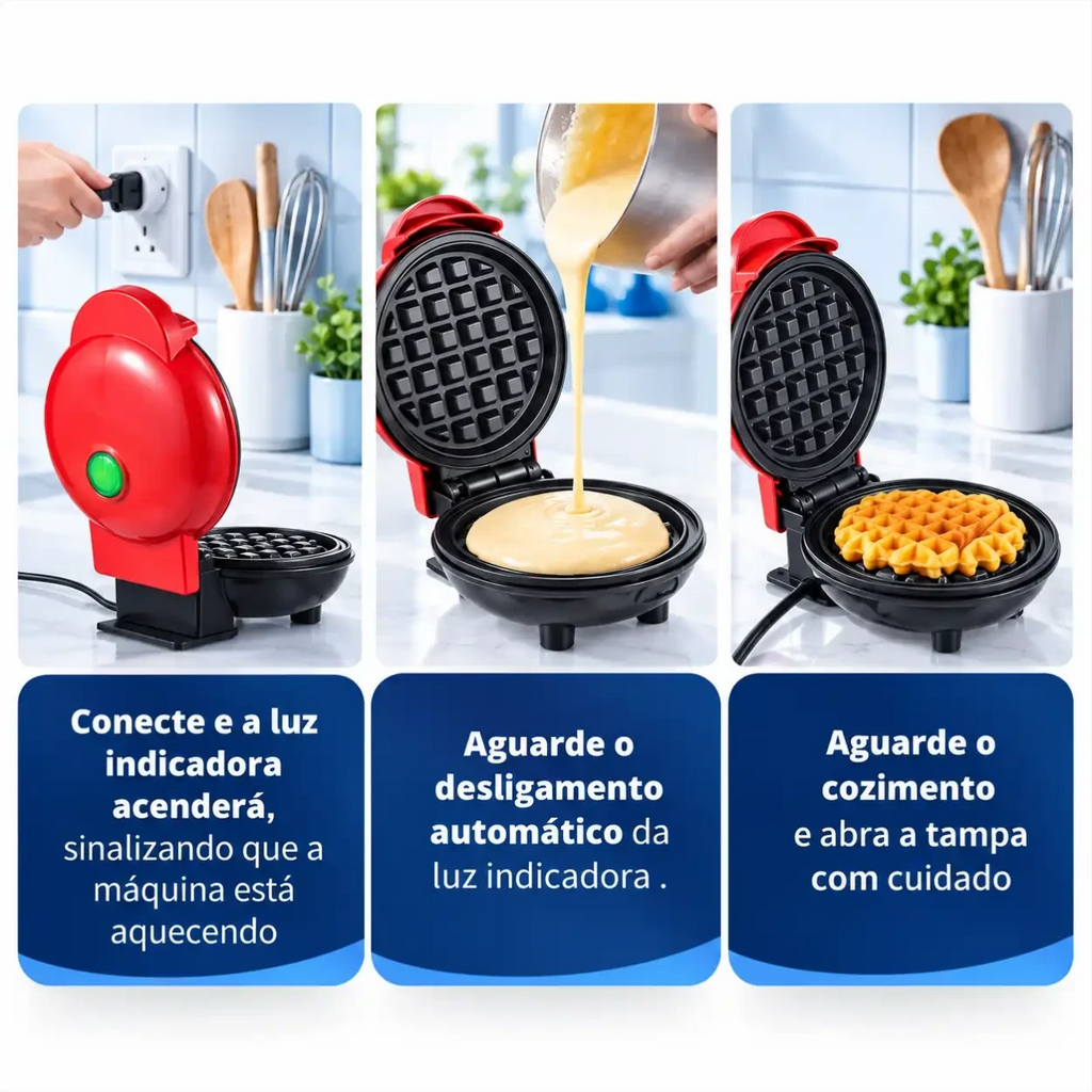 Máquina de waffle vermelha Decoricasa compacta com superfície antiaderente mostrando passo a passo de uso na cozinha
