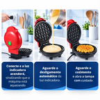 Máquina de waffle vermelha Decoricasa compacta com superfície antiaderente mostrando passo a passo de uso na cozinha
