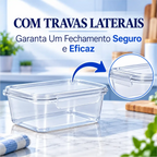 Marmita Decoricasa transparente de 1 litro com travas laterais reforçadas para fechamento hermético e seguro