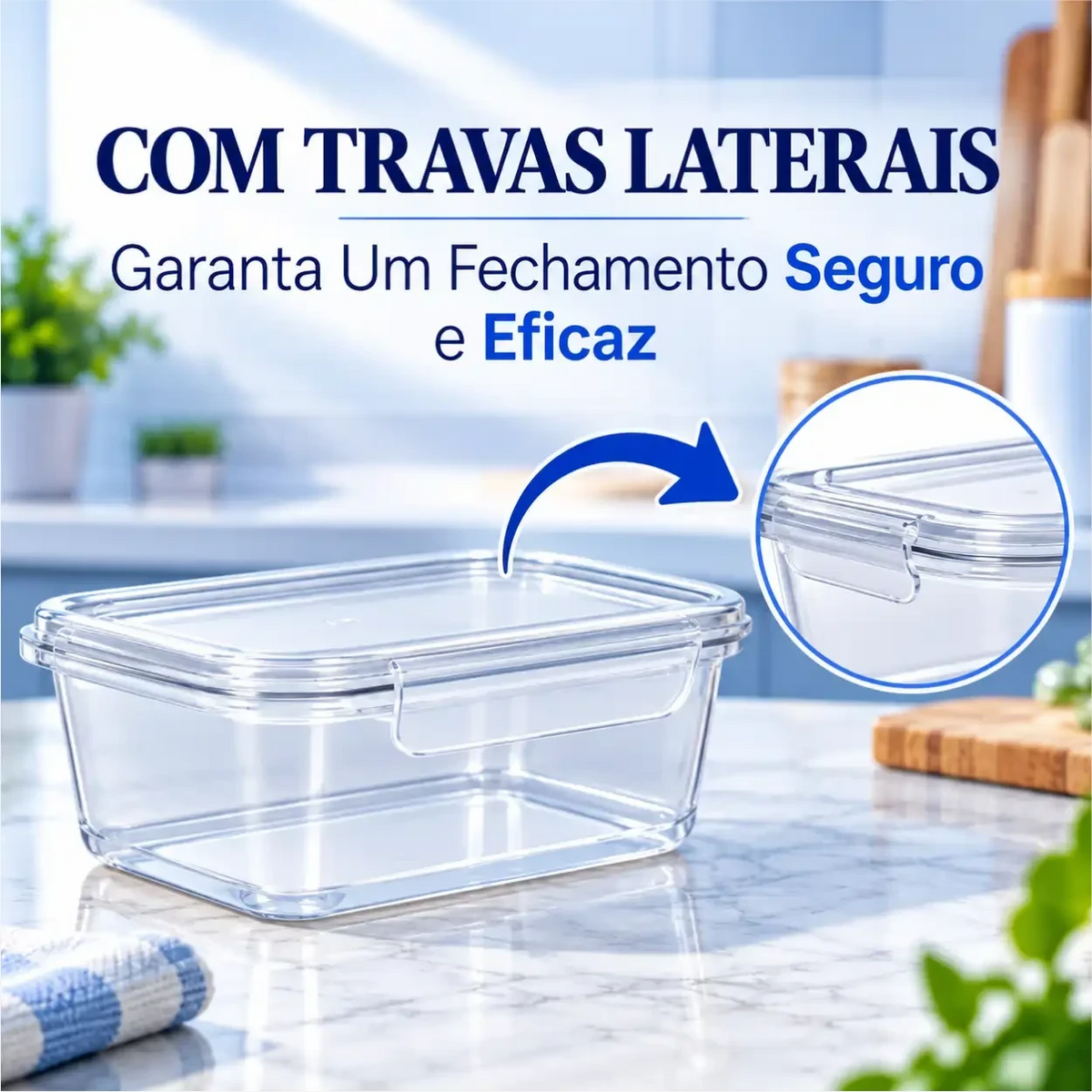 Marmita Decoricasa transparente de 1 litro com travas laterais reforçadas para fechamento hermético e seguro