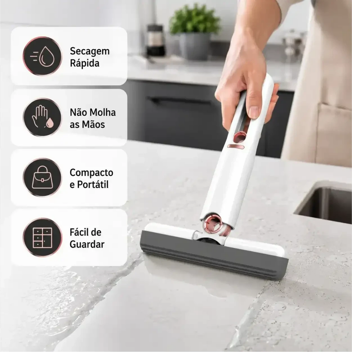 Mini Mop Pro Decoricasa branco com esponja cinza limpando bancada, destacando secagem rápida e mãos secas.
