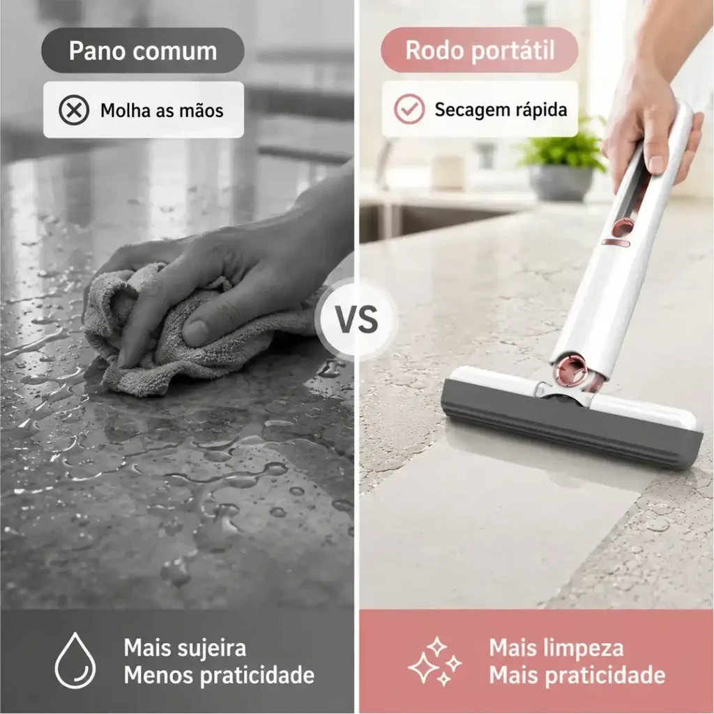 Comparativo Decoricasa mostrando a eficiência do Mini Mop Pro contra pano comum na limpeza de bancadas